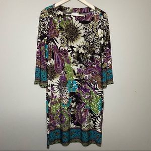 Beige by eci Size 8 Shift Dress Purple Black Blue Long Sleeve Paisley Floral